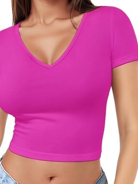lululemon athletica V-Neck Short Sleeve Crop Top in Bright Magenta